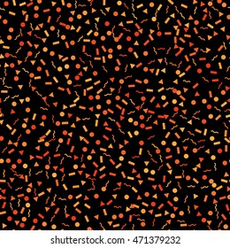 Seamless pattern with orange circle, triangle, rectangle, wavy line on black background. Vector illustration for different projects.