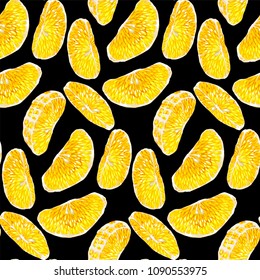Seamless pattern with orange citrus fruit slices of different shapes on the black background