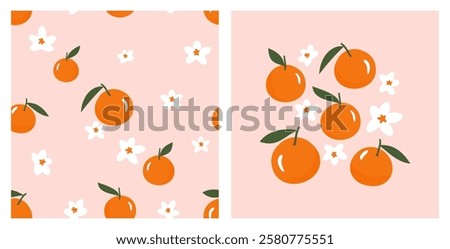 Seamless pattern with orange citrus fruit and cute flower on pink background vector. Retro orange wall art decoration.