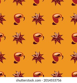 seamless pattern orange coffee cups and star anise spices cafe menu symbol logo vector