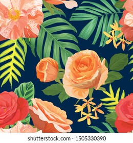 Seamless pattern of orange color roses flower and tropical leaf background. Vector set of exotic tropical garden for holiday invitations, greeting card and fashion design.