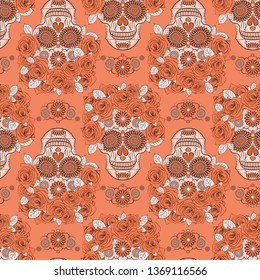 seamless pattern in orange color scheme with the image of the skull, a symbol of the traditional Mexican holiday Day of the dead and the Day of angels