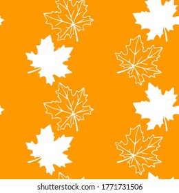 Seamless pattern of orange contoured silhouette maple leaves isolated on orange background. Simple vector texture for fabric, invitations, home textiles. Concept of autumn, forest, leaf fall
