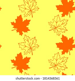 Seamless pattern of orange contoured silhouette maple leaves isolated on yellow background