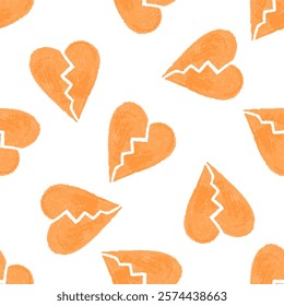 Seamless pattern with orange crayon broken hearts on white background

