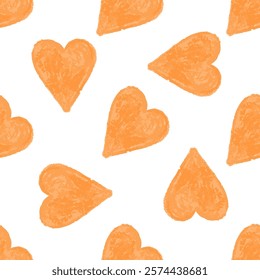 Seamless pattern with orange crayon hearts on white background in doodle style

