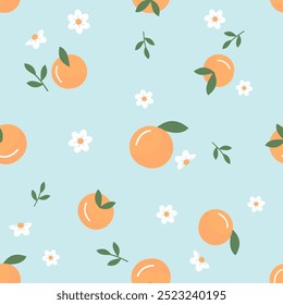 Seamless pattern with orange and cute flower on green background vector.