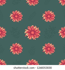 Seamless pattern with orange daisy flowers on green background with leaves
