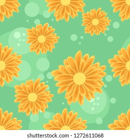 Seamless pattern with orange daisy flowers on bright green background
