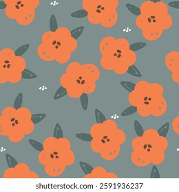 Seamless pattern with orange daisy flowers, leaves end dots. Floral illustration.	
