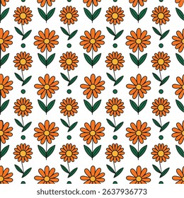 Seamless pattern with orange daisy flowers and green leaves.