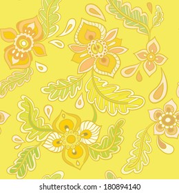 Seamless pattern with orange decorative flowers on a yellow background. Vector illustration.