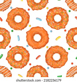 Seamless pattern with orange donuts and colorful sprinkles. Vector illustration for fabrics, textures, wallpapers, posters, cards. Editable elements.