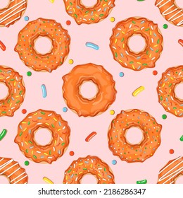 Seamless pattern with orange donuts and colorful sprinkles. Vector illustration for fabrics, textures, wallpapers, posters, cards. Editable elements.