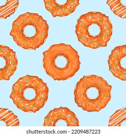 Patrón sin foco con donuts anaranjados y rociadores coloridos. Ilustración vectorial para telas, texturas, fondos de pantalla, carteles, tarjetas. Elementos editables.