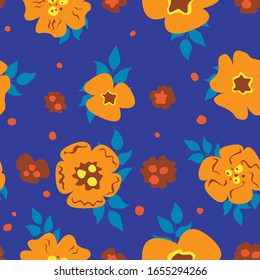 Un patrón sin fisuras con flores de doodle naranjas sobre un fondo azul para imprimir en textiles, tela, papel. Ilustración de las existencias de vectores con adorno floral aleatorio para primavera o verano