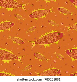 Seamless pattern of orange fish on an orange background