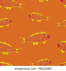 Seamless pattern of orange fish on an orange background