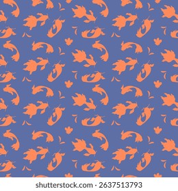 Seamless pattern with orange fishes. Hand-drawn fishes koi. Doodle style.