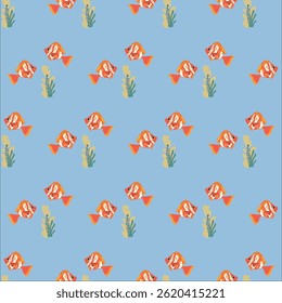 seamless pattern with orange fishes,clown fish withseaweeds nautical pattern on blue background