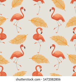 Seamless pattern of orange flamingos and leaves on a light background