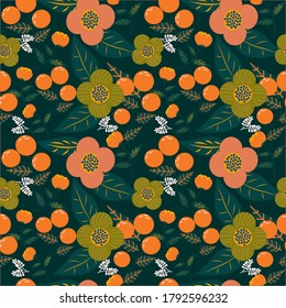 Seamless pattern. Orange, floral, and leafs. Flat design pattern. A pattern for wallpaper, print and textille.