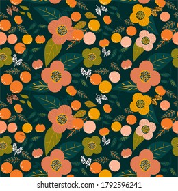 Seamless pattern. Orange, floral, and leafs. Flat design pattern. A pattern for wallpaper, print and textille.