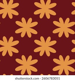 Seamless Pattern of Orange Floral Shapes on a Dark Red Background. A charming seamless pattern showcasing orange flower-like shapes arranged symmetrically on a dark red background, ideal 