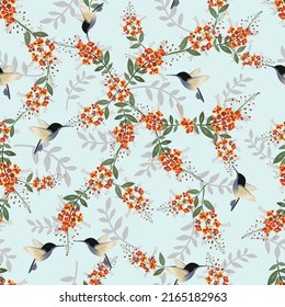 Seamless pattern orange flower with green leaf and humming bird