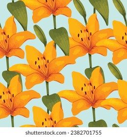 Seamless pattern of orange flower and green leaves on blue pastel background, Vintage floral background, Pattern for design wallpaper, gift wrap paper and fashion prints.