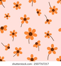 Nahtloses Muster mit orangefarbener Blume auf rosafarbenem Hintergrund, Vektor. Netter Blumendruck.