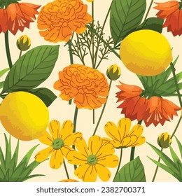 Seamless pattern of orange flower, yellow lemon and green leaves on yellow pastel background, Vintage floral background, Pattern for design wallpaper, gift wrap paper and fashion prints.