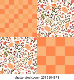 seamless pattern with orange flowers, Checkered pattern