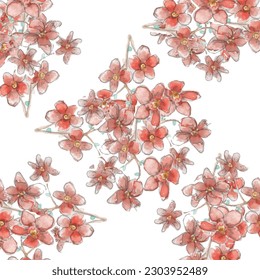 Nahtlose Muster orangefarbener Blumen mit Aquarell.Für das Design der Tapete oder des Stoffes, Vintage-Stil.Blühende Blumenbemalung für den Sommer.Botanischer Hintergrund.
