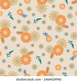Seamless Pattern with Orange Flowers, Green Leaves and Pale Background