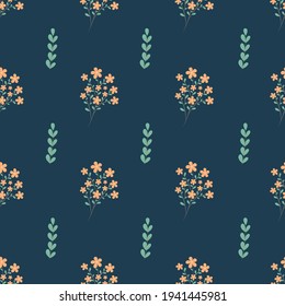 Seamless pattern with orange flowers and green on a dark blue background. Summer, minimalistic pattern with flowers. Pattern for wrapping paper, stationery, textiles, backgrounds, websites.