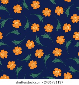 Seamless pattern of orange flowers with green leaves on a dark background. Summer floral vector illustration. Wildflower fabric, spring meadow botanical print