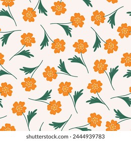 Seamless pattern of orange flowers with green leaves on a beige background. Summer floral vector illustration. Wildflower fabric, spring meadow botanical print
