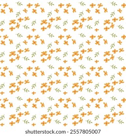 Seamless pattern of orange flowers with green leaves on white background.