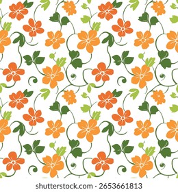 Seamless pattern with orange flowers and green swirling vines on a white background. A cheerful and fresh ditsy floral illustration, perfect for summer textiles, stationery, and vibrant projects.
