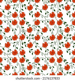 seamless pattern with orange flowers, intertwined with green branches and leaves. Floral pattern for fabrics, wallpaper, textiles and designs