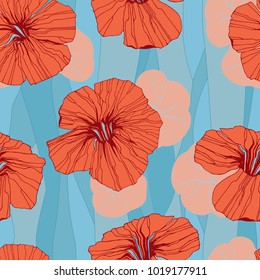 Seamless pattern with orange flowers and leaves of nasturtium.