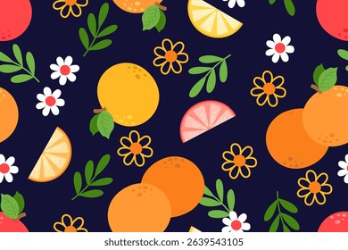 Seamless pattern with orange, flowers and leaves.