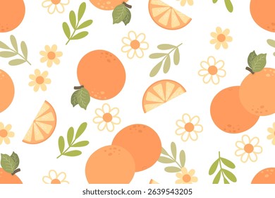 Seamless pattern with orange, flowers and leaves.