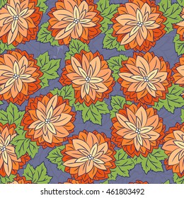 Seamless pattern with orange flowers and leaves on blue background