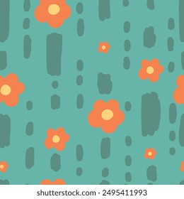 Patrón sin fisuras con flores y líneas de color naranja. Linda ilustración de verano. Vector