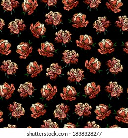 Seamless pattern of orange flowers on a black background, orchid, rose, vector flowers, black background, orange, gift paper, wrapper, wallpaper, fabric, clothing, typography, flower shop, print, cute