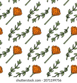 Nahtloses Muster mit orangefarbenen Blumen auf weißem Hintergrund. Vektorbild.