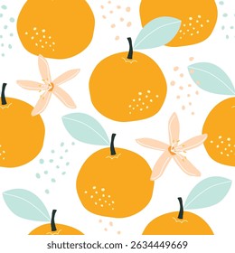 Padrão contínuo com laranja e flores em um fundo branco. Ilustração vetorial para impressão. Fundo com comida e bebidas. Fundo bonito do bebê 
