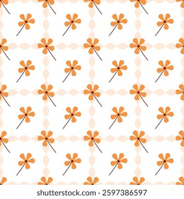 Seamless pattern with orange flowers and ornament on white background
